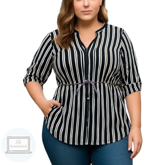 Torrid Womens Top Babydoll Stretch Challis Zip Front Tunic Black Stripe Plus 3X - Picture 1 of 13